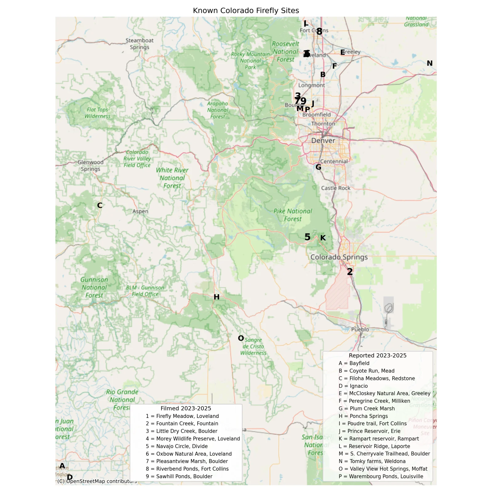 Map of known Colorado firefly survey and film locations, 2023 to 2025. Numbered pins mark sites with flash pattern footage; lettered pins mark sites with anecdotal reports, Firefly Atlas surveys, or personal observations.