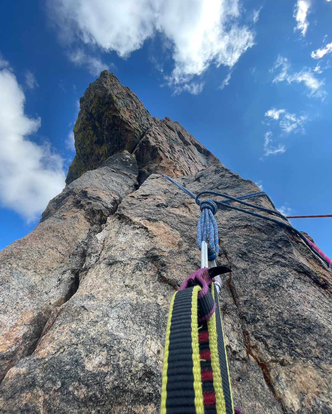 Looking up from a belay perch
